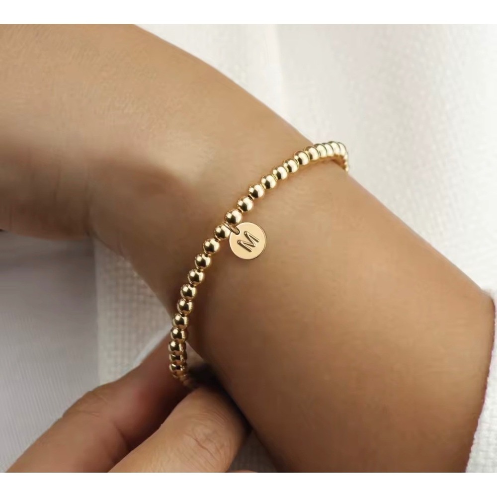 Gold Beaded Stretch Bracelet Initial M Disc Charm Dainty Personalized Jewelry